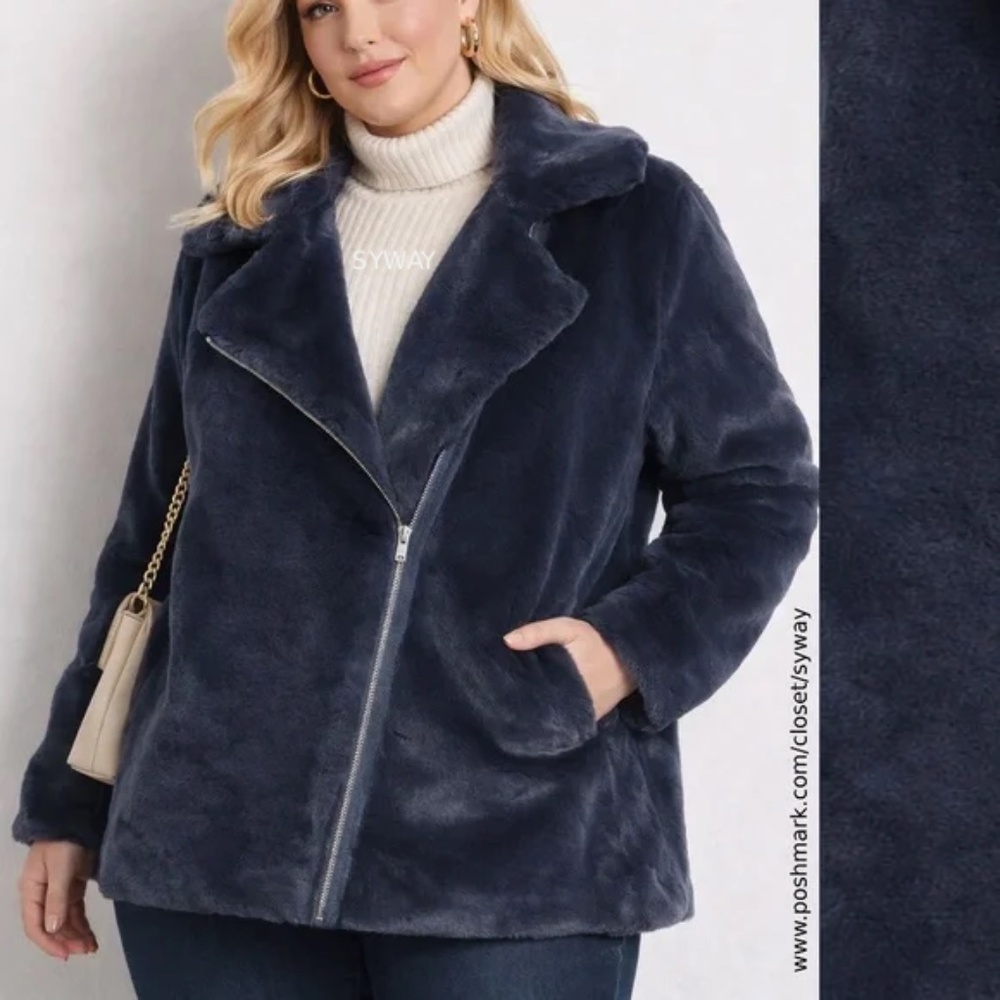 Ashley Stewart Blue Faux Fur Zip-Up Teddy Coat Polyester